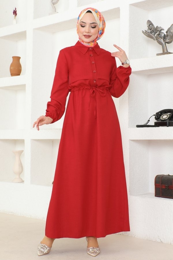 Moda Selvim Kırmızı Bolero Detaylı Keten Elbise