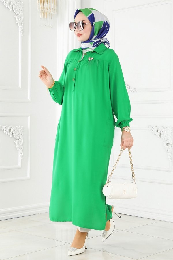 Moda Selvim Benetton Yeşili Düğmeli Viskon Tunik