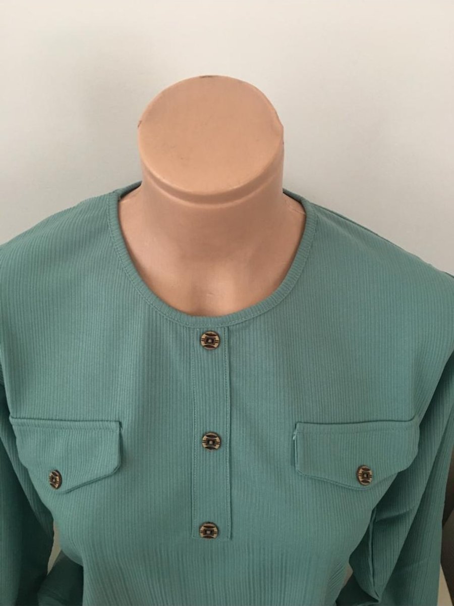 Sevdalı Su Yeşili Renk Cep Detaylı Bluz