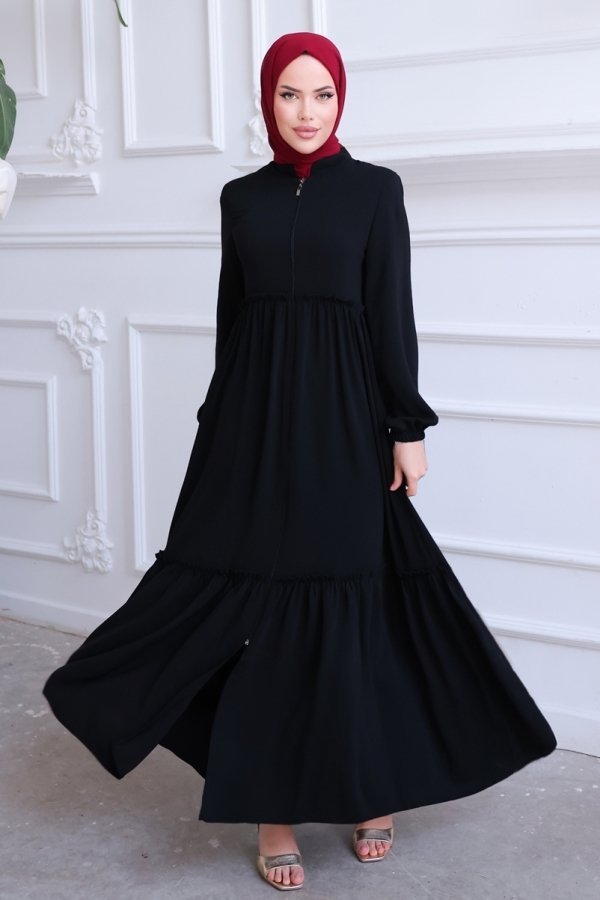 Moda Selvim Siyah Eteği Fırfırlı Medine İpeği Ferace