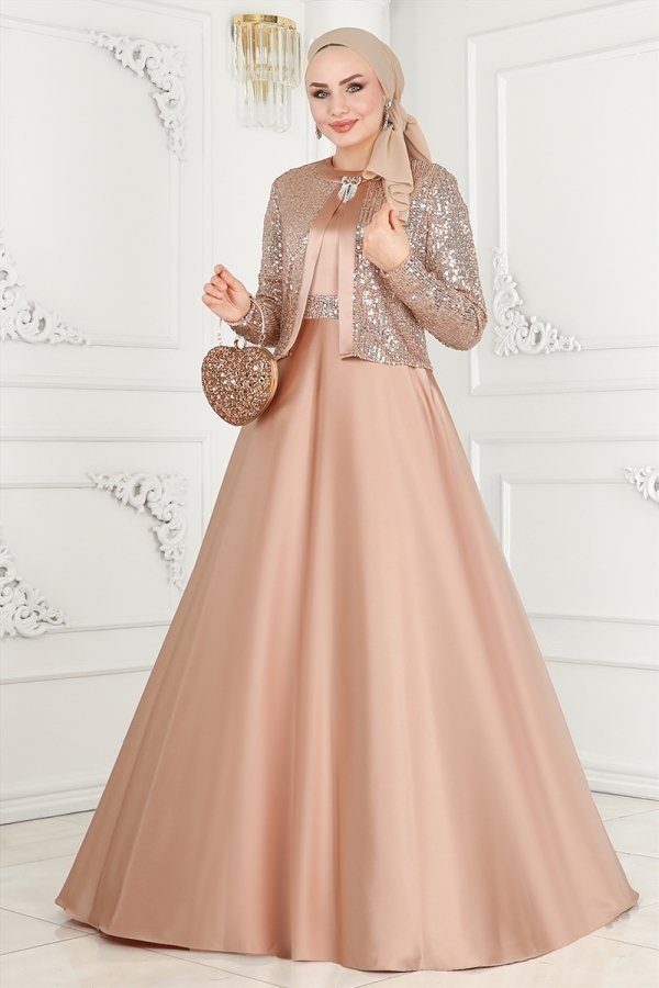 Moda Selvim Somon Ceket Görünümlü Saten Abiye Elbise