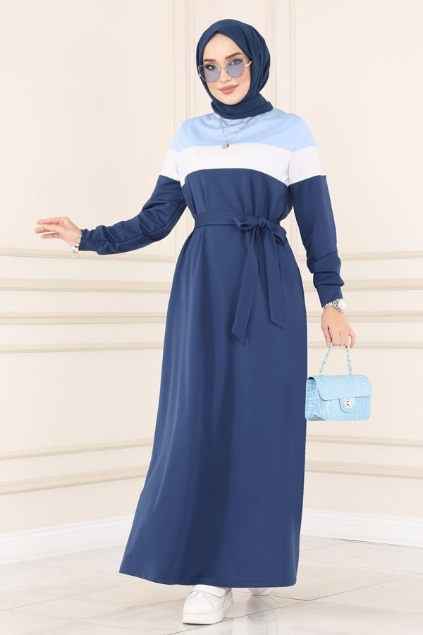 Moda Selvim Bebe Mavisi & Lacivert Garnili Elbise
