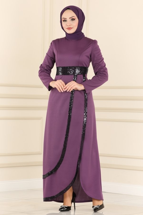Moda Selvim Koyu Lila Pul Payet Detaylı Abiye Elbise