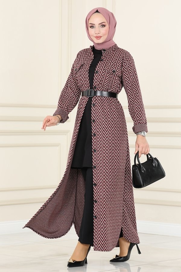 Moda Selvim Bordo Deri Kemerli Kışlık Elbise & Ferace