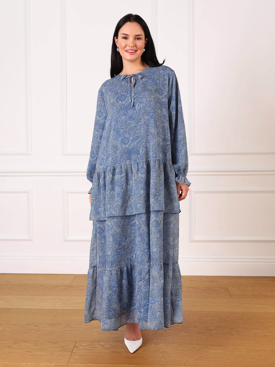 Alia Mavi Desenli Büyük Beden Çiçek Şifon Elbise