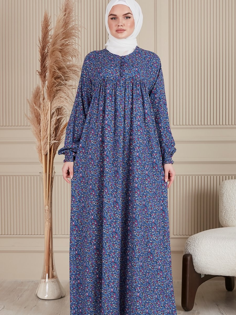 Fistan Büzgü Robadan Önü Düğmeli Viskon Kumaş Tessetür Giyim Anne Namaz Elbisesi
