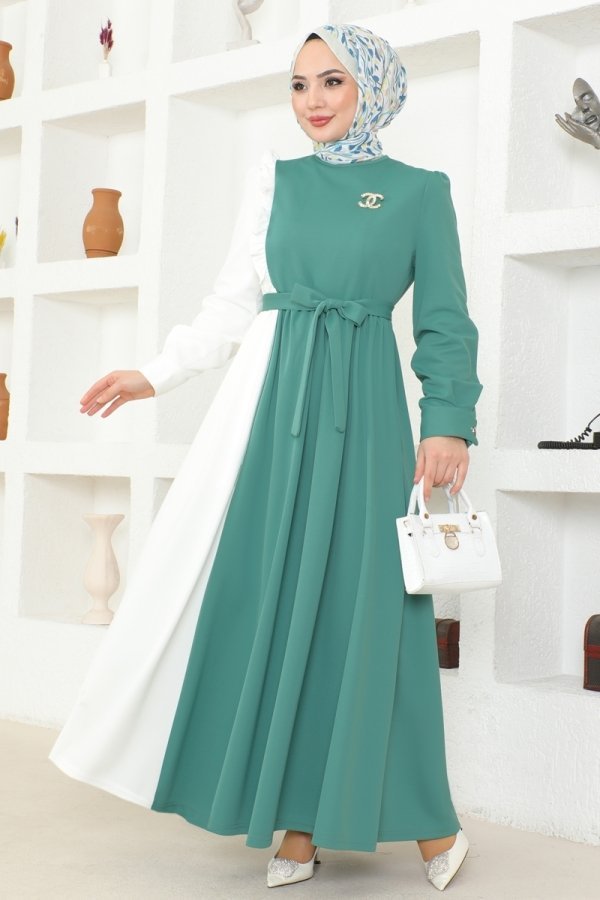 Moda Selvim Mint & Ekru Fırfır Detaylı Elbise