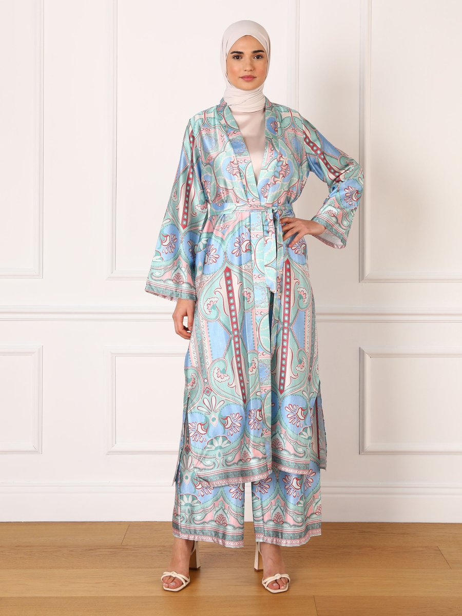 Refka Çağla Saten Bordür Çiçek Desenli Kimono & Pantolon Takım