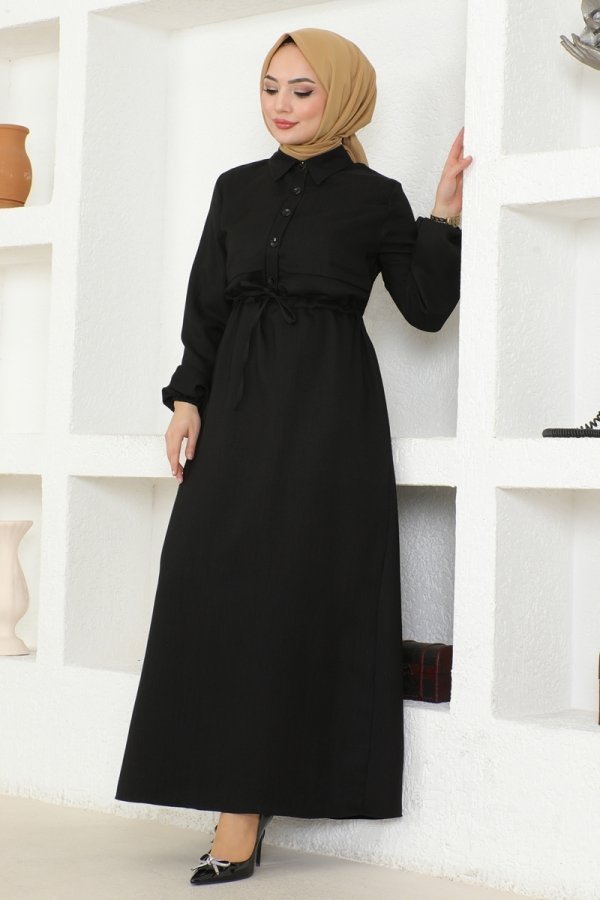 Moda Selvim Siyah Bolero Detaylı Keten Elbise