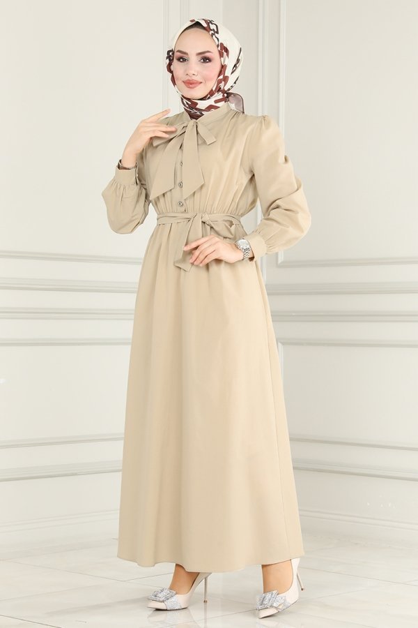 Moda Selvim Taş Yakası Bağlamalı Terikoton Elbise