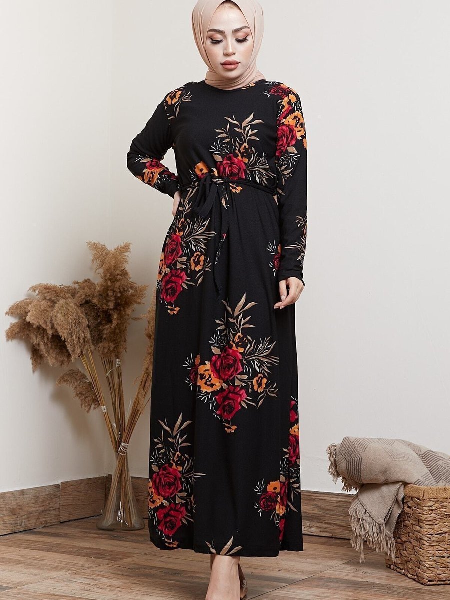 Modaefa Siyah Çiçek Desenli Elbise