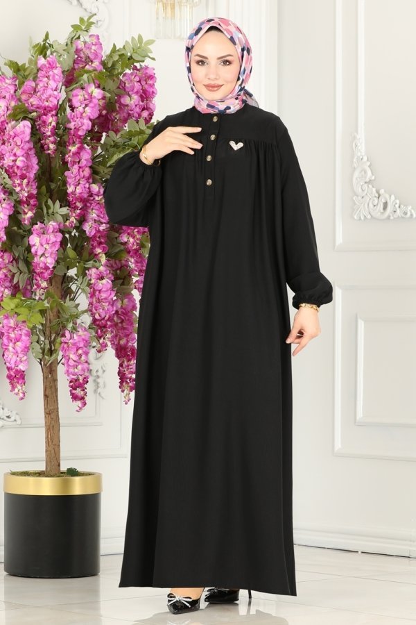 Moda Selvim Siyah Yarım Düğmeli Elbise
