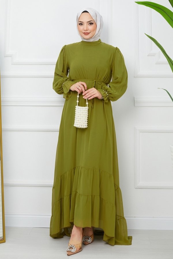 Moda Selvim Kına Yeşili Eteği Katlı Şifon Elbise