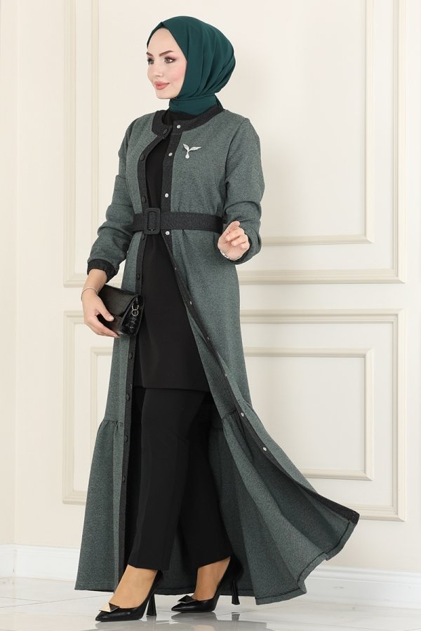 Moda Selvim Nefti Yeşili Eteği Fırfırlı Kışlık Elbise & Ferace