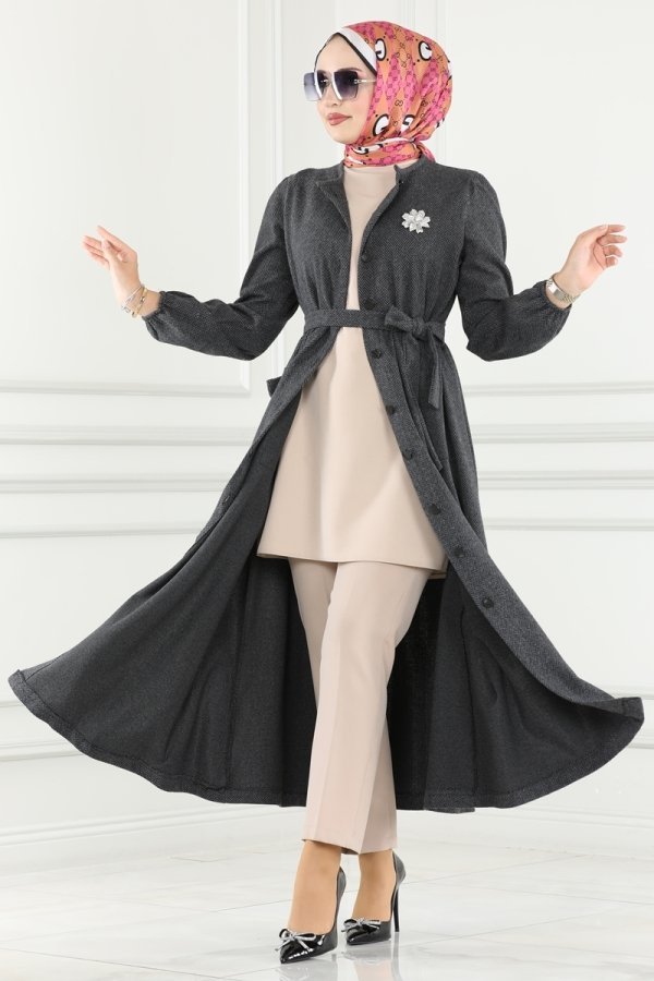 Moda Selvim Antrasit Kemerli Balıksırtı Ferace & Elbise