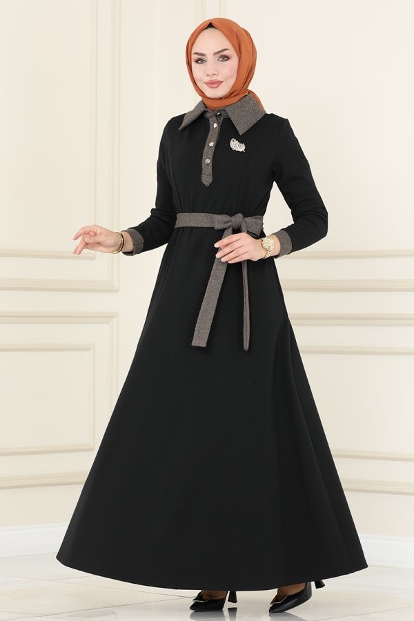 Moda Selvim Siyah & Vizyon Yarım Düğmeli Kışlık Elbise
