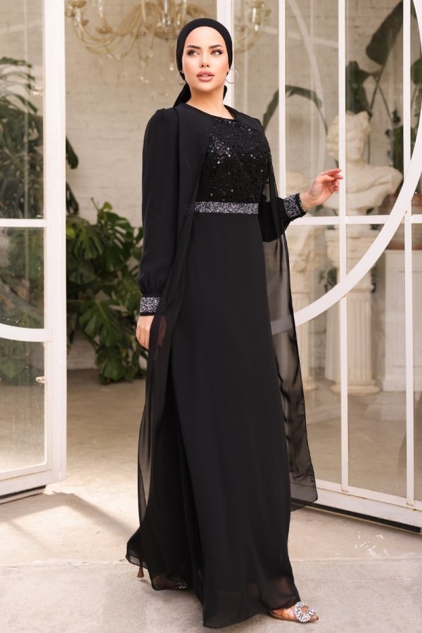 Moda Selvim Siyah Pelerin Detaylı Şifon Abiye Elbise