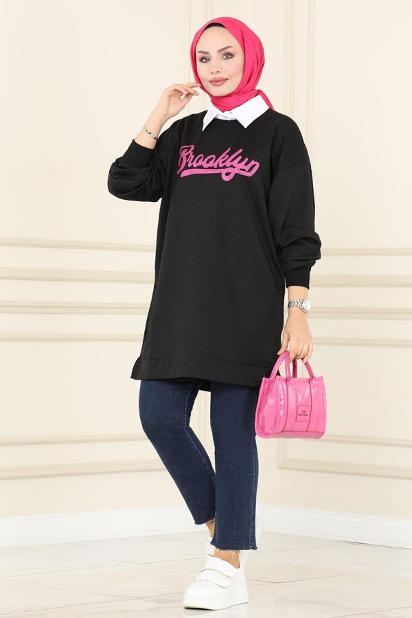 Moda Selvim Siyah & Fuşya Yazı Baskılı Spor Tunik Moda Selvim Siyah & Fuşya Yazı Baskılı Spor Tunik