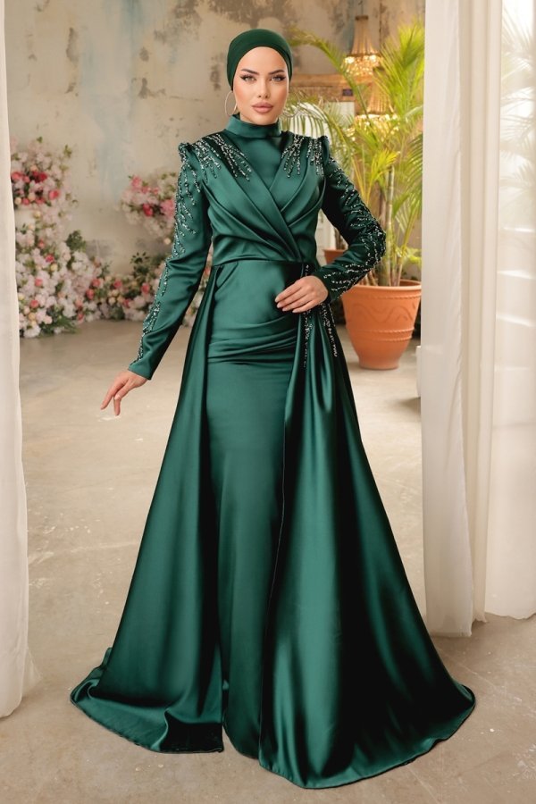 Moda Selvim Koyu Zümrüt Taş İşlemeli Saten Abiye Elbise