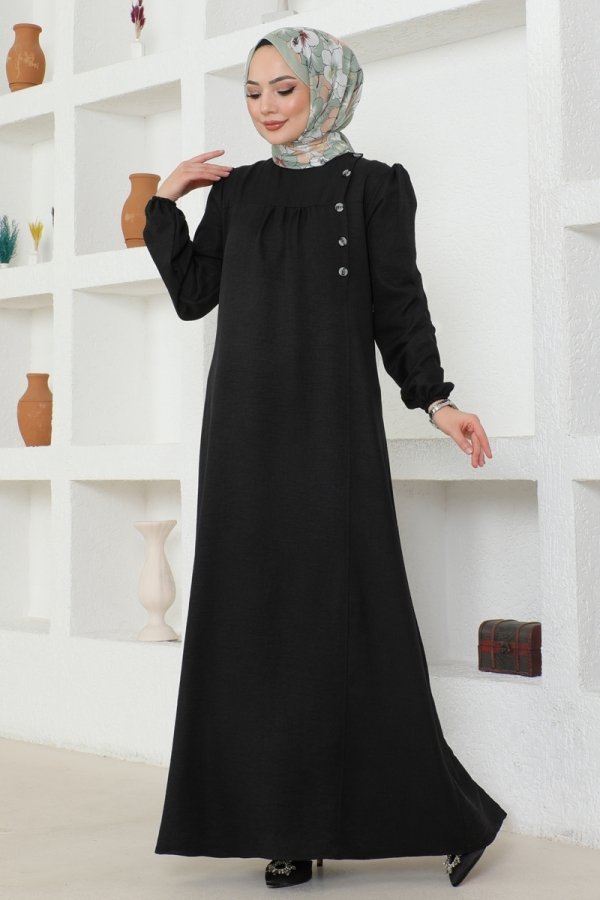 Moda Selvim Siyah Düğme Detaylı Keten Elbise