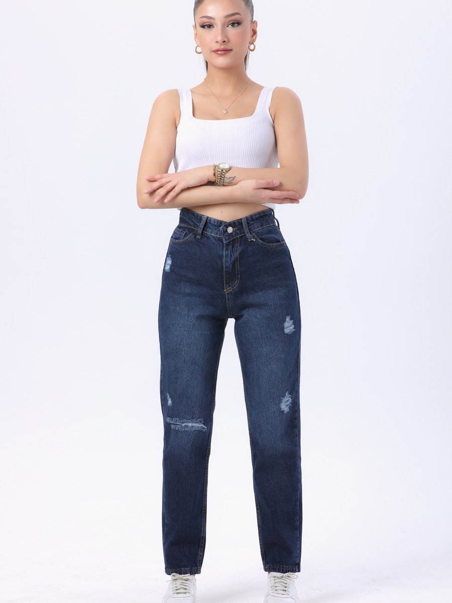 Tofisa Koyu Mavı Mom Jeans Kot Pantolon