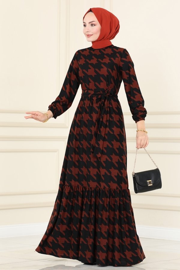 Moda Selvim Siyah & Taba Eteği Fırfırlı Desenli Elbise