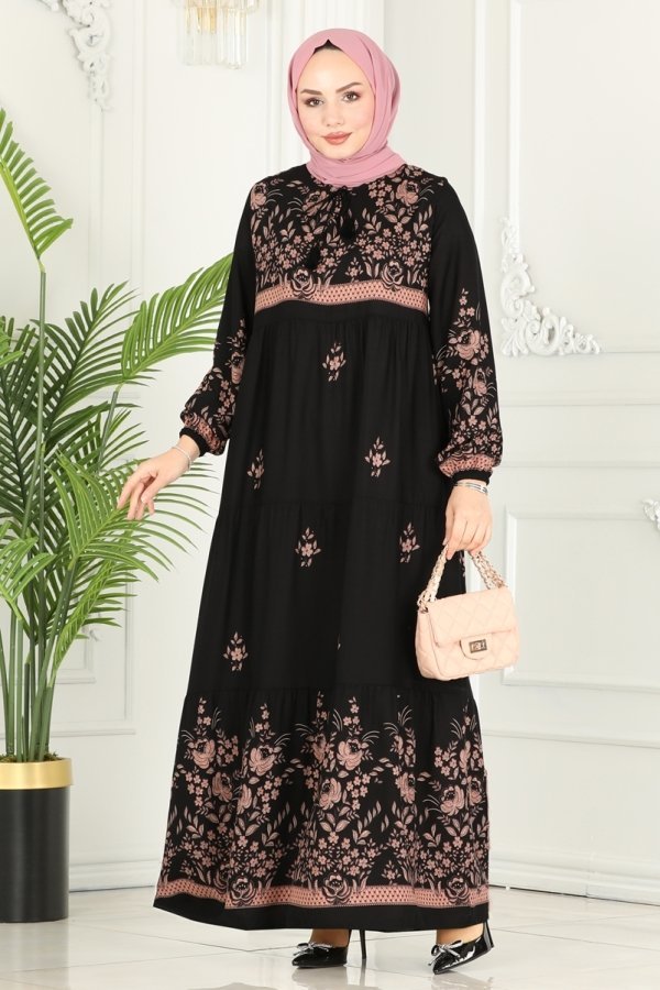 Moda Selvim Siyah Yakası Bağcıklı Desenli Viskon Elbise