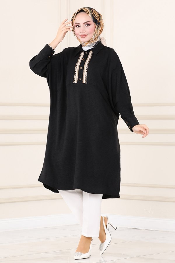 Moda Selvim Siyah Hasır İşlemeli Basic Tunik