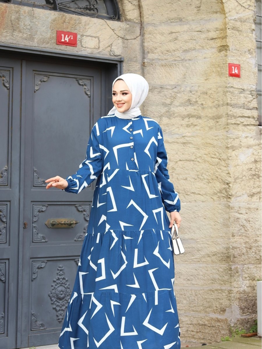 Sfg Life Moda Kadın Yazlık Tesettür Önü Düğmeli Desenli Dokuma Viskon Şık Elbise