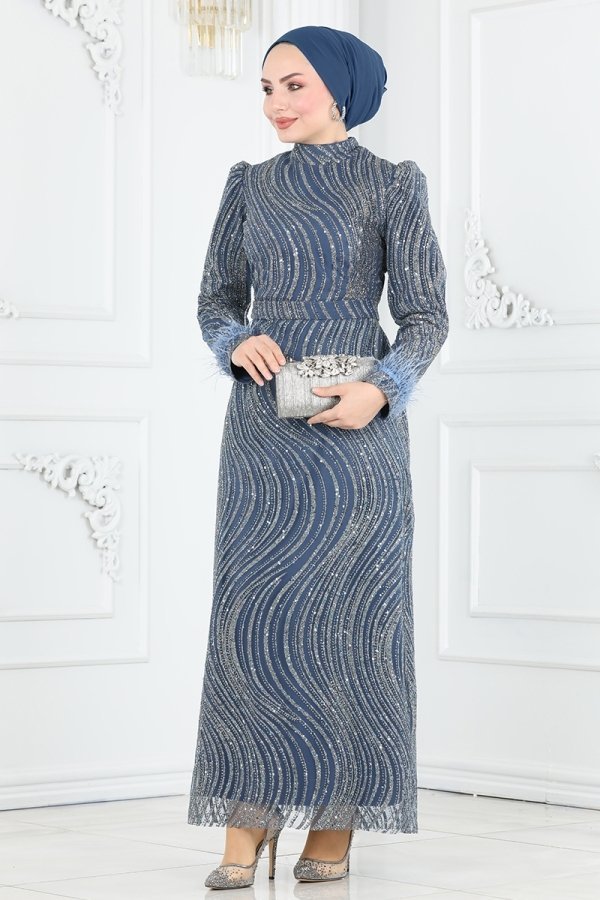 Moda Selvim İndigo Otriş Detaylı Kalem Abiye Elbise