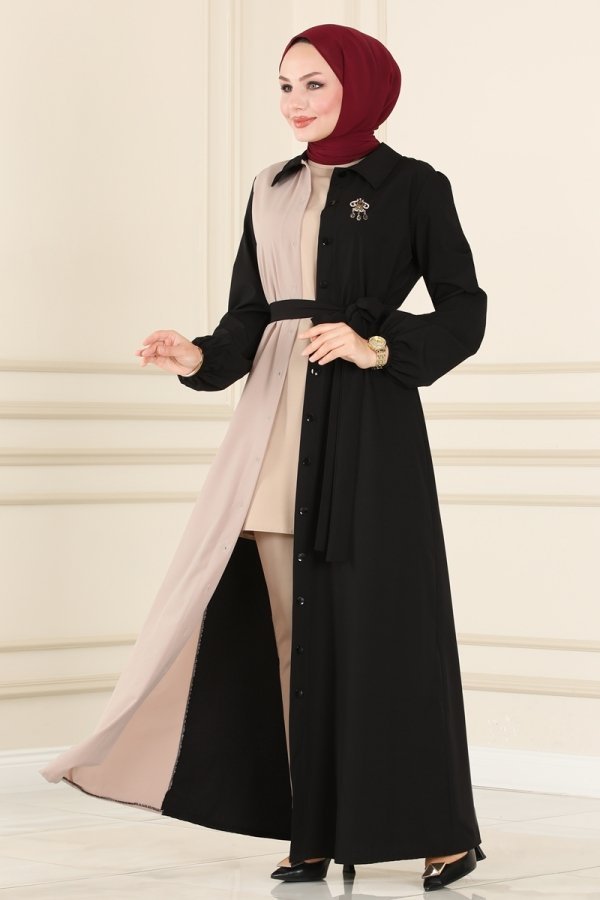 Moda Selvim Siyah & Vizyon Düğme Detaylı Krep Elbise