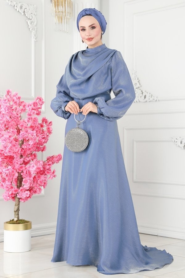 Moda Selvim Mavi Degaje Yakalı Simli Saten Abiye Elbise