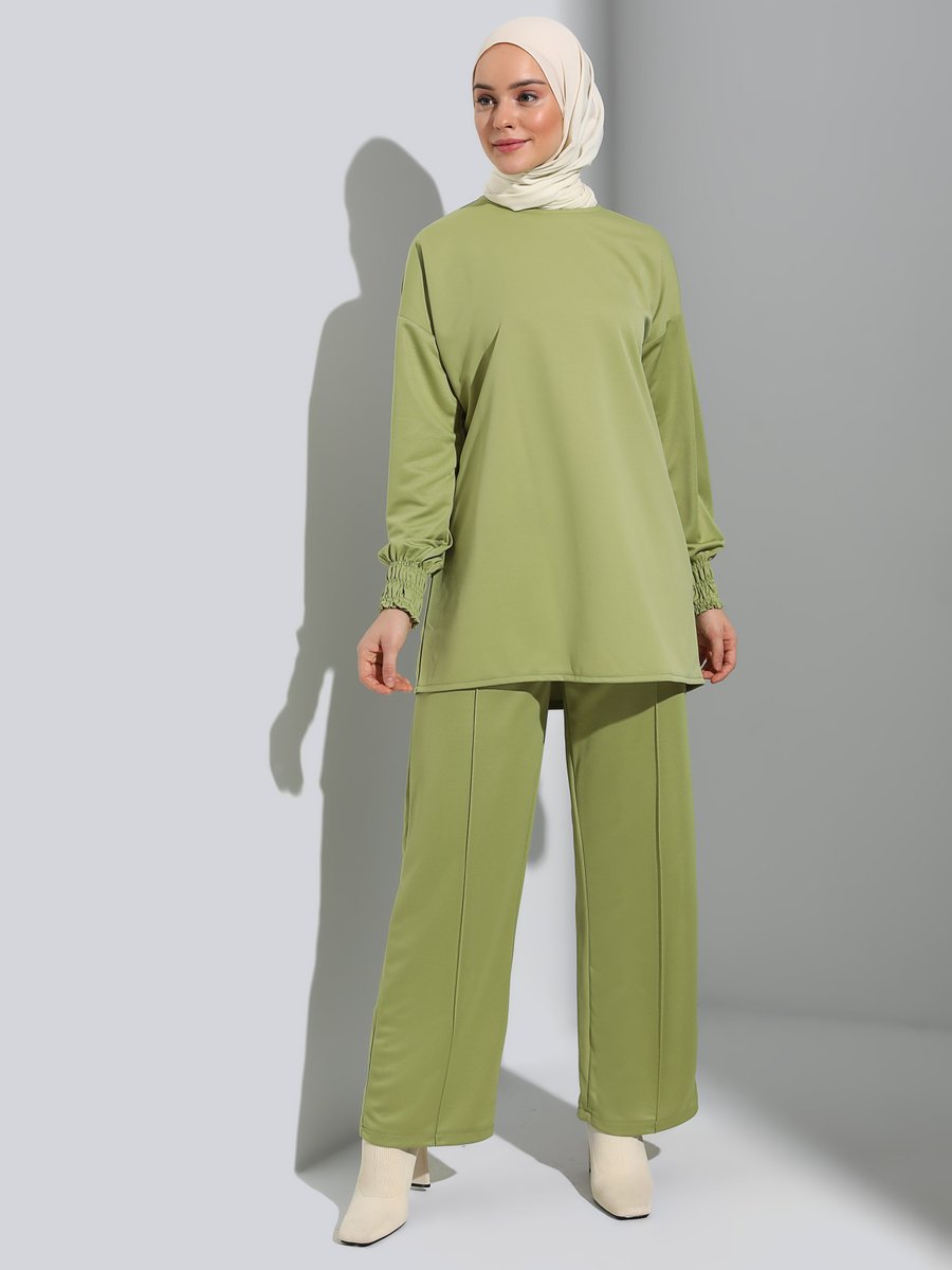 Refka Yağ Yeşili Kolları Gipe Detaylı Tunik & Pantolon Takım