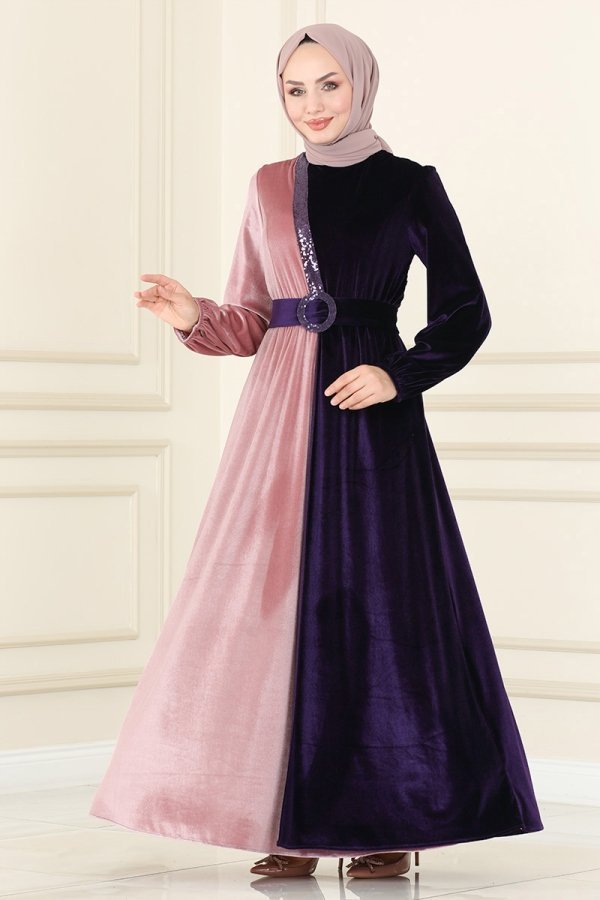 Moda Selvim Mor & Pudra Çift Renkli Kadife Elbise