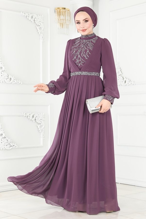 Moda Selvim Lila Pilise Detaylı Şifon Abiye Elbise