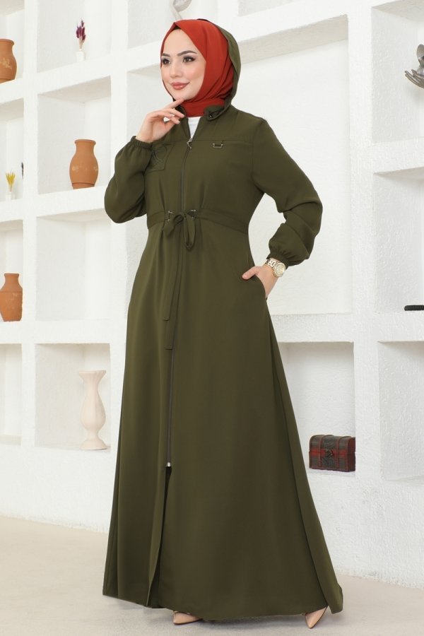 Moda Selvim Haki Nakış İşlemeli Medine İpeği Ferace