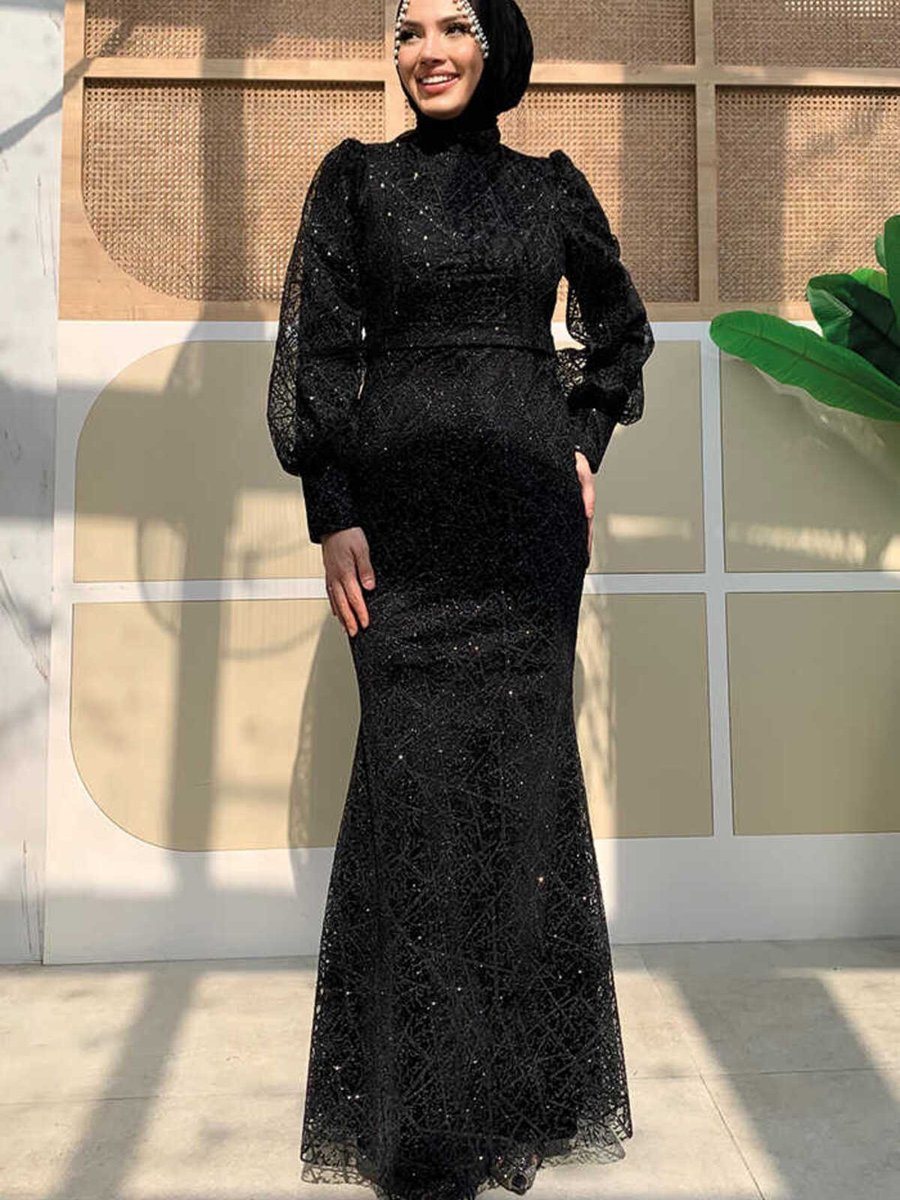 Bym Fashion Desenli Balonkol Görünümlü Simli Abiye Elbise Siyah