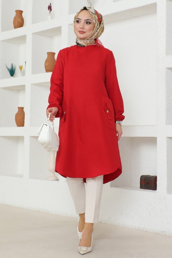 Moda Selvim Kırmızı Cep Detaylı Keten Tunik