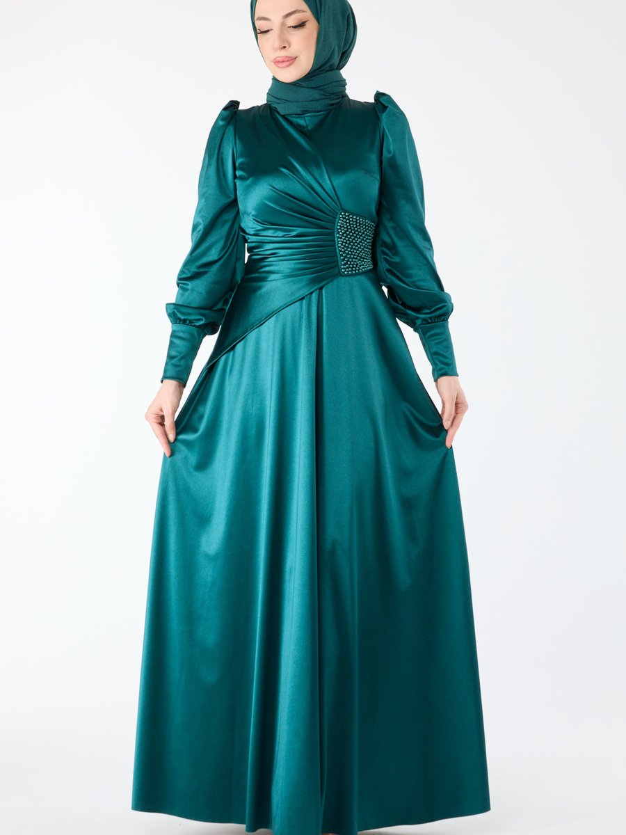 Tofisa Zumrut Beli Taş Detay Uzun Kol Saten Abiye Elbise Elibise