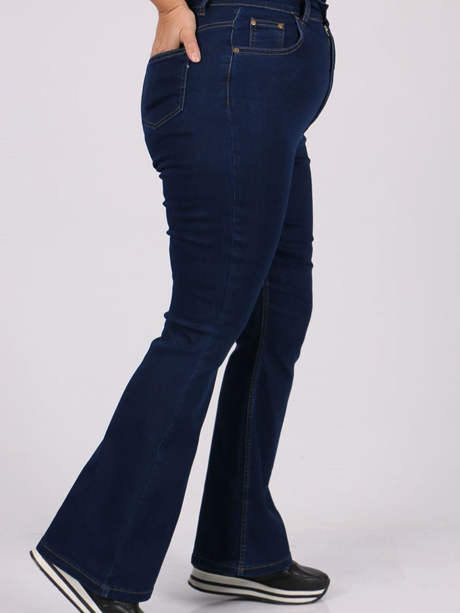Moda Rosa Lacivert Büyük Beden İspanyol Paça Kot Pantolon