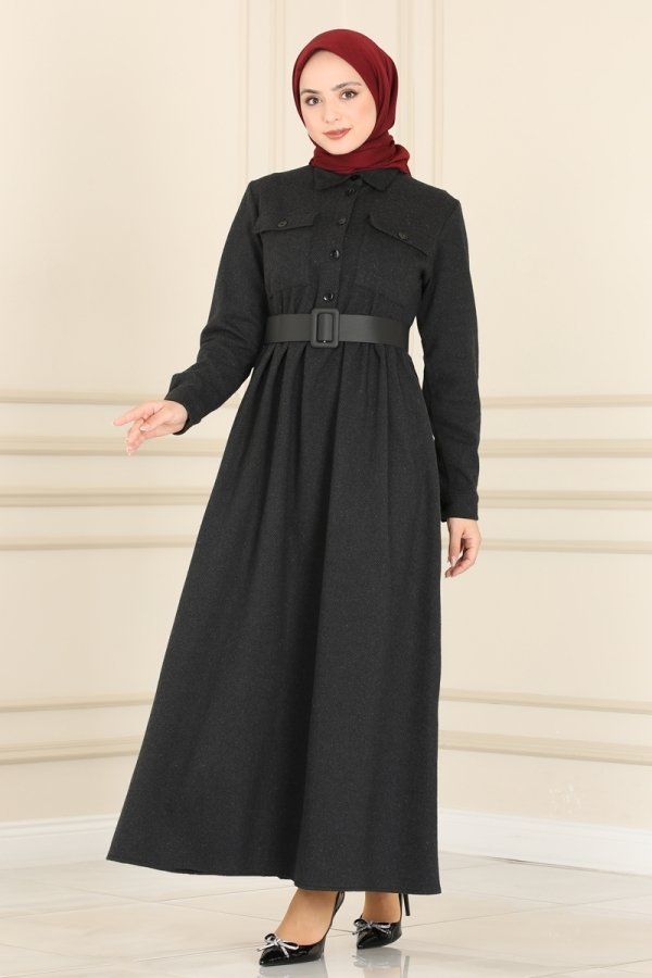 Moda Selvim Siyah Deri Kemerli Balıksırtı Elbise