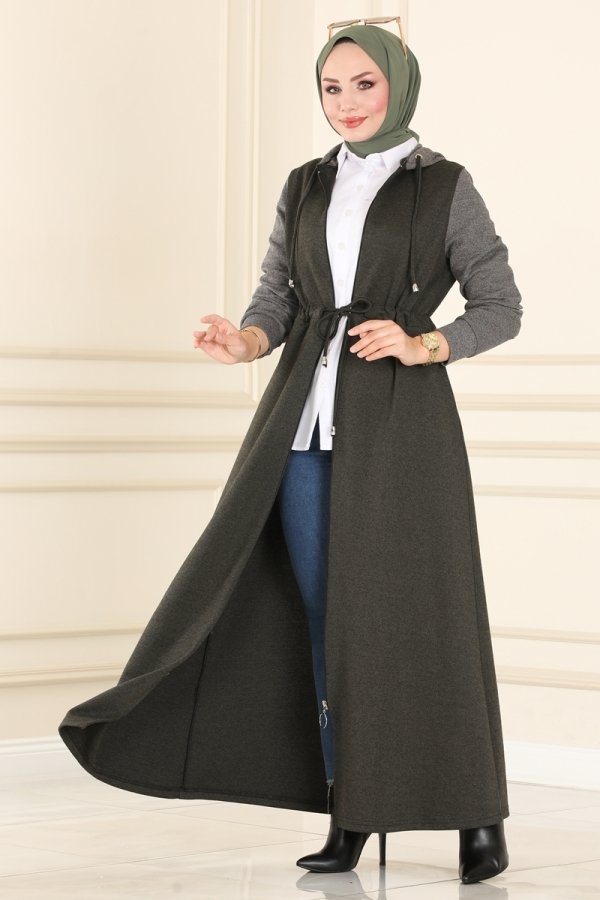 Moda Selvim Haki & Koyu Vizyon Beli Tünelli Kışlık Ferace