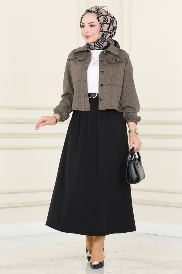 Moda Selvim Koyu Vizyon & Siyah Cep Detaylı Etekli Takım