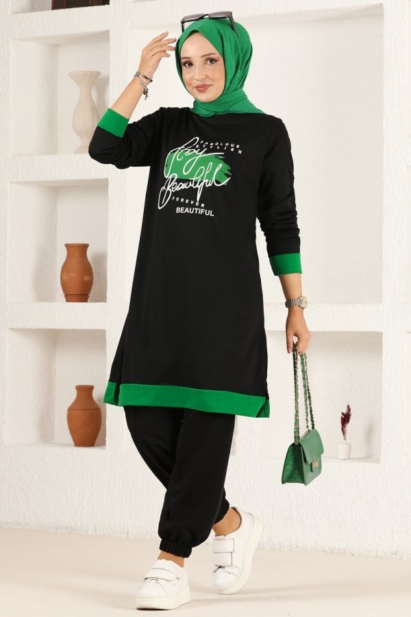 Moda Selvim Siyah & Benetton Yeşili Baskılı Spor İkili Takım