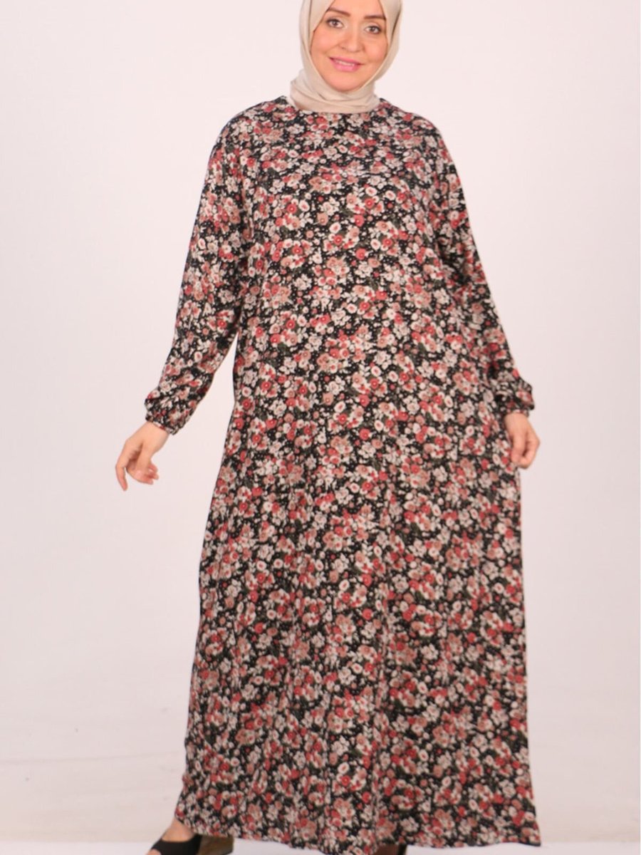 Moda Rosa Çiçek Desen Gül Büyük Beden Belmando Kolu Lastikli Elbise
