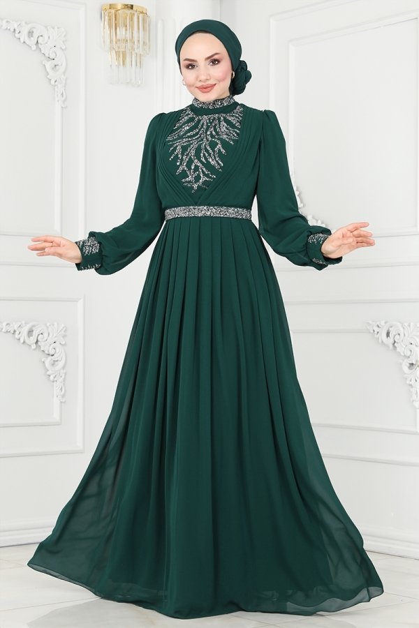 Moda Selvim Zümrüt Pilise Detaylı Şifon Abiye Elbise