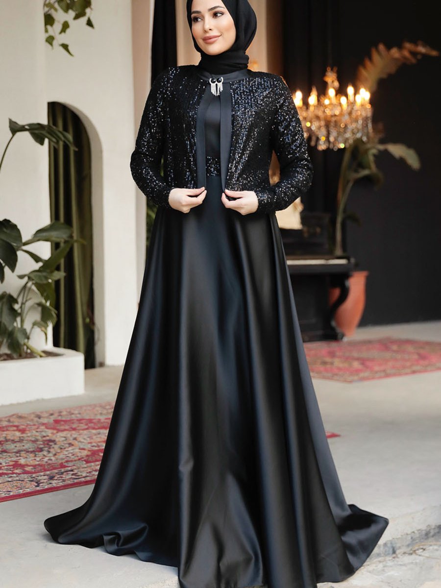 Neva Style Ceket Detaylı Siyah Saten Abiye Elbise