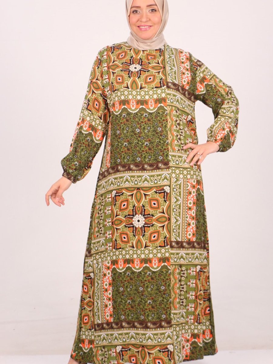 Moda Rosa Etnik Desen Yağ Yeşili Büyük Beden Belmando Kolu Lastikli Elbise