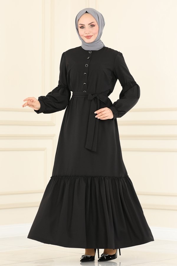 Moda Selvim Siyah Eteği Katlı Elbise