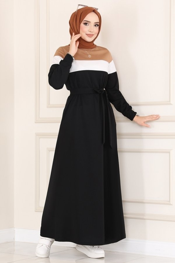 Moda Selvim Latte & Siyah Garnili Elbise